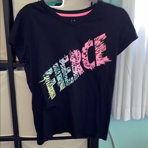 A black V-neck , fierce, shirt